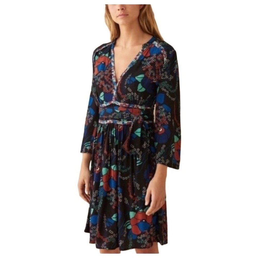 Ba&sh Agathe Dress Black Floral V Neck Three Quarter Sleeve Size 4
